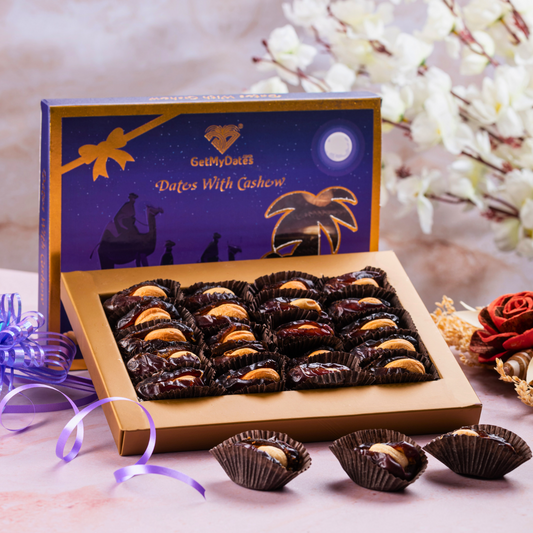 Dates stuffed with Roasted Cashew packed in a beautiful Gift Box.  