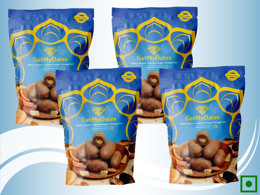 Milk Chocolate Dates with Roasted Almond, Spicy Ginger, and Orange Peel - Combo Pack of 4 (approx. 480 gm, 36 pieces) | Premium Chocolate Dates