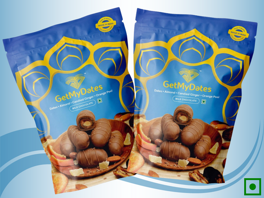 Milk Chocolate Dates with Roasted Almond, Spicy Ginger, and Orange Peel - Combo Pack of 2 (approx. 240 gm, 18 pieces) | Premium Chocolate Dates