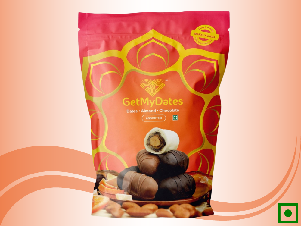 Assorted Chocolate Dates with Roasted Almond, Spicy Ginger, and Orange Peel - Combo of 2 (Single Pack) (approx. 240 gm, 18 pieces) | Premium Chocolate Dates