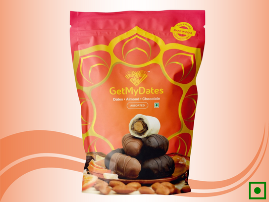 Assorted Chocolate Dates with Golden Roasted Almonds (approx. 120 gm, 9 pieces) - Single Pack | Premium Chocolate Dates