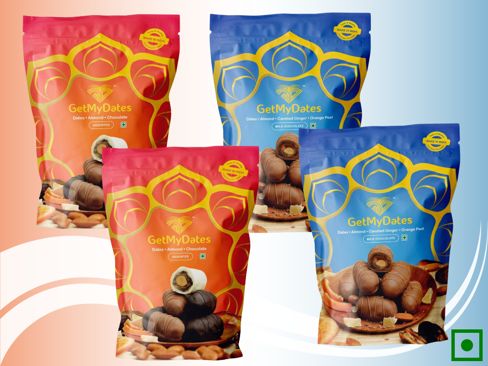 Assorted Chocolate Dates with Roasted Almond, Spicy Ginger, and Orange Peel - Combo Pack of 4 (approx. 480 gm, 36 pieces) | Premium Chocolate Dates